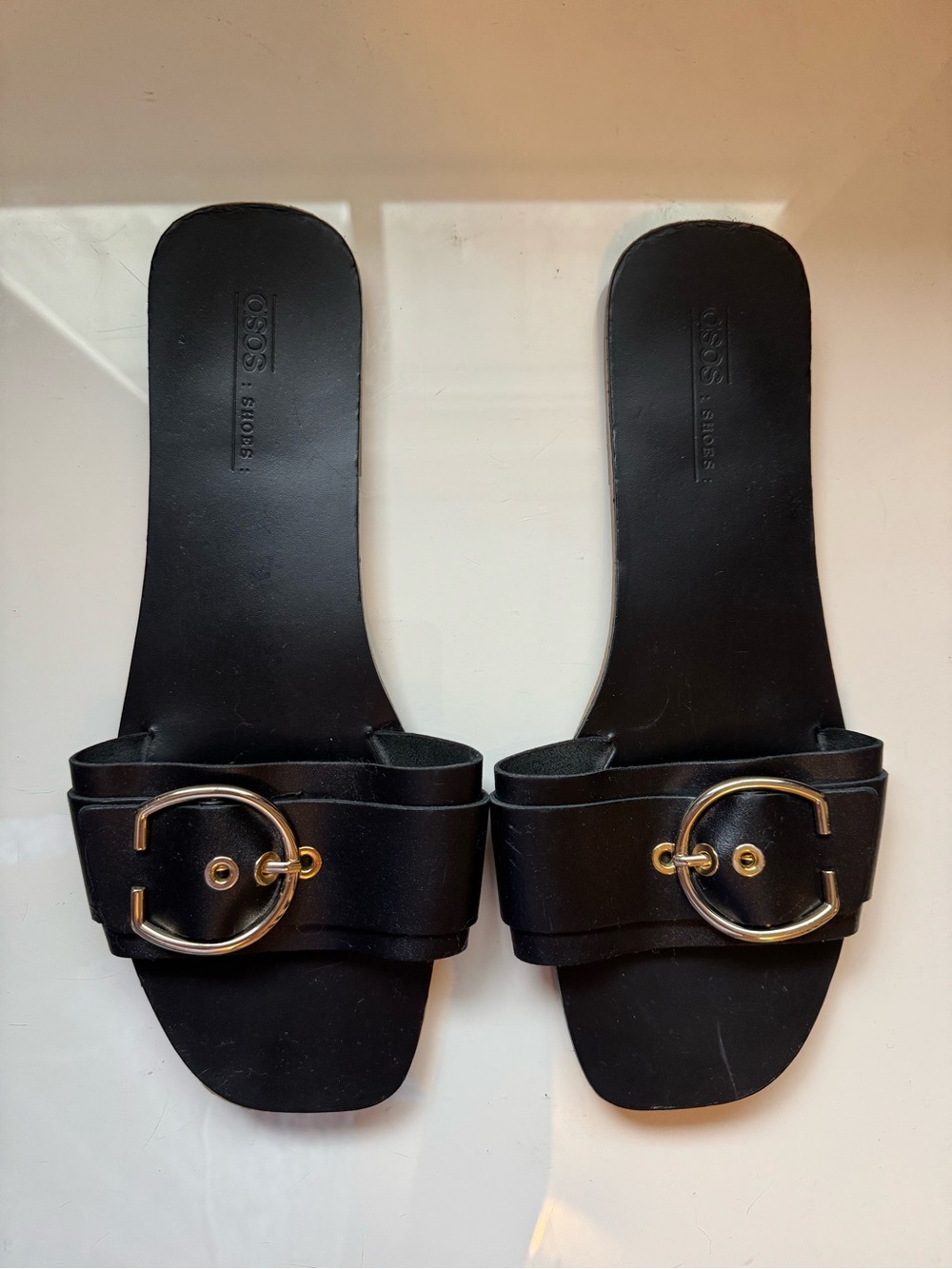 Size 11, ASOS Black Sandals with Gold Buckles